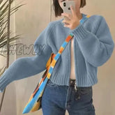 Hnewly Korean Knitted Cardigan Women Sweet Zipper Cropped Sweaters Autumn Vintage Knitwear Coat